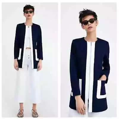 Zara Navy And White Two Tone Contrasting Trim Zipper Front Jacket Small • $55