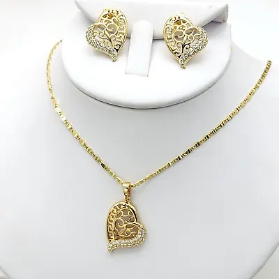 14K Gold Plated Heart Greek Design Crystals Pendant - Chain - Earrings Set • $18