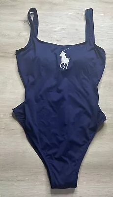 POLO RALPH LAUREN Womens Swimwear Navy Blue M Beachwear 1 Piece White Big Pony • £34.19