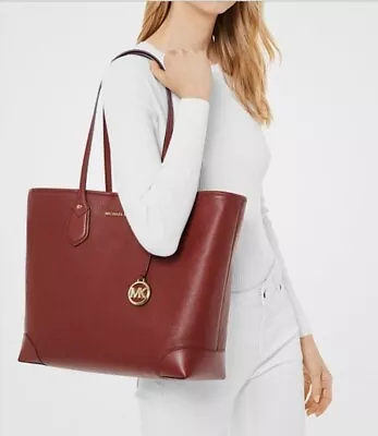 MICHAEL KORS Pebbled Leather Tote Bag Large Laptop Purse Red Brandy With Pouch • $180
