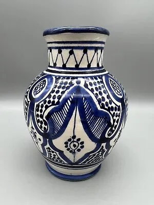 £34.64 • Buy Vtg Art Pottery Moroccan Blue White Hand Painted Clay Vase 6 