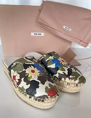 NIB MIU MIU Women's Green Floral Cracked Leather Espadrille Mules 6.5 US 5S787C • $237.99