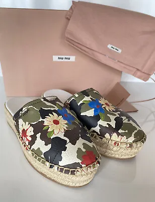 NIB MIU MIU Women's Green Floral Cracked Leather Espadrille Mules 9.5 US 5S787C • $237.99