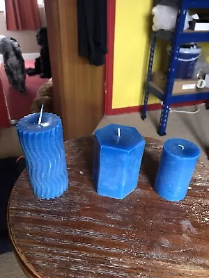 3 Unscented  Blue Mica  Colour Pillar Candles • £6.50