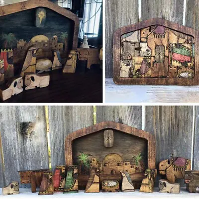 Wooden Statue Nativity Scene Set Baby Jesus Holiday Crib Figurines Decor Puzzle • £6.89