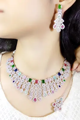 Indian Bollywood Silver Plated Ethnic AD CZ Jewelry Earrings Necklace Bridal Set • $31.14