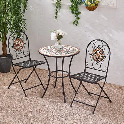Mosaic Bistro Garden Table And Folding Chairs Set Outdoor Patio Dining Furniture • £55.95