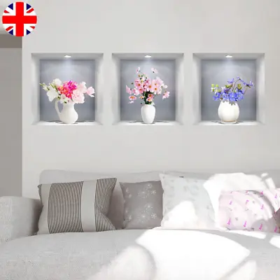 3Pcs 3D Flower Vase Vinyl Stickers Living Room Wall Art Decals Decor 30x30cm • £5.40