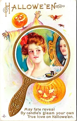 Vintage Victorian Woman ManJOLPumpkin BatMirror Romance Halloween Postcard • $79.99