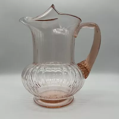 Vintage Pink Depression Glass Pitcher With Ice Lip Reed Handle Ribbed Pattern • $24.99