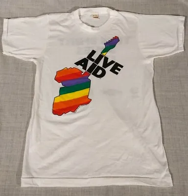Vintage 1985 LIVE AID Concert White Pride Flag Screen Stars T-shirt Adult Size M • $101.50