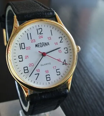 Vintage Medana 24 Hour Military Dial Swiss Quartz Men's Gold Leather Watch *new* • $10.99