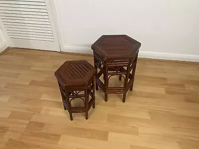 Vintage Hexagonal Bohemian Bamboo Cane Boho Set Of 2 Nesting Tables Plant Stands • £50