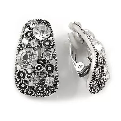 Marcasite C Shape Crystal Clip On Earrings In Aged Silver Tone - 27mm Tall • £10.99