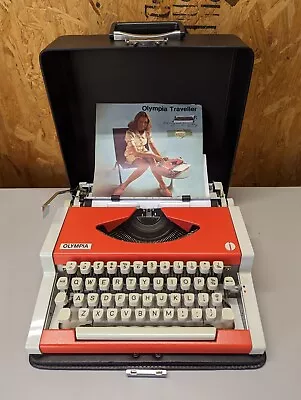 Vintage Olympia Traveller De Luxe Typewriter Red Orange W/ Case & Booklet  • £327.67
