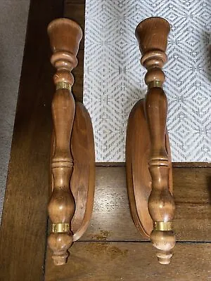 Vintage Pair Oak Wood Wall Sconce Candle Holders 13 1/4” Tall W/brass Accents • £17.35