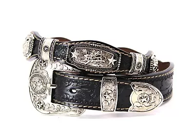 Western Curve Belt Cowboy Silver Concho Bullrider Black Floral Pants Size 30 • $79.99