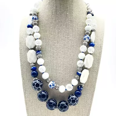 DANA BUCHMAN Double Strand Necklace Blue White Beads Silver Tone Summer Cool • $19.99