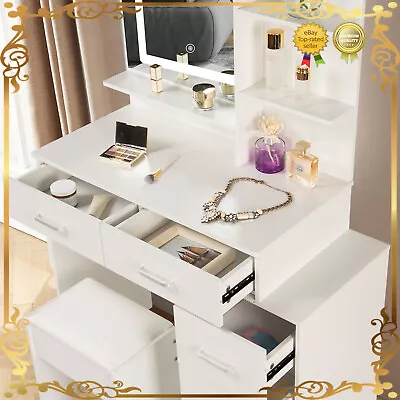 Makeup Vanity Set LED Lighted Stool Mirror Dressing Table Dresser Desk 5Drawer • $171.97