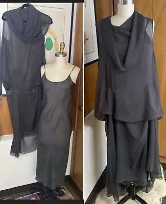 MORGANE LE FAY Draped Silk Chiffon Dress Sz S Sleeveless Tiered Bias Slip Gray • $675