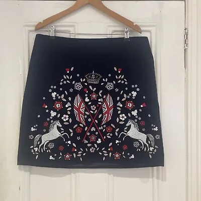 Boden 'Olivia' Moleskin Embroidered Skirt - Navy Blue Union Jack Unicorn - UK 18 • £75