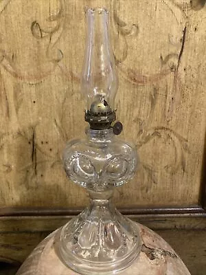 Vintage Old Miniature Clear Glass Oil Lamp Embossed New Wick & Spare Chimney • $21.88