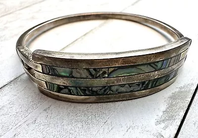 Vintage Signed Alpaca Mexico Abalone Silver Tone Inlay Hinge Bangle Bracelet ~7” • $18.50