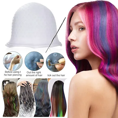 Reusable Silicone Dye Hat Cap + Hook For Hair Coloring Highlighting Hairdressing • £4.88