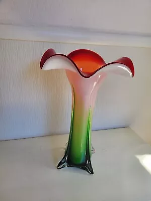 Large Murano Glass Trumpet Morning Glory Vase With Vibrant Green To Orange  • $83.62