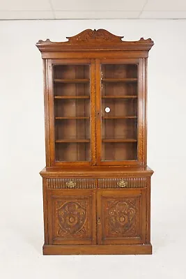 Antique Victorian Carved Tiger Oak Cabinet Bookcase Display Scotland 1900 H876 • $1852.50