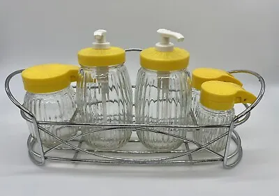 Vintage Inspired Condiment Set Ribbed Glass Yellow Plastic Lids • $24.95