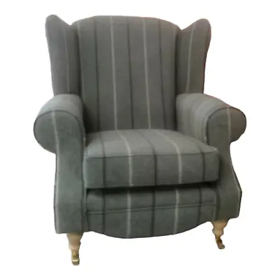 Queen Anne Wing Back Cottage Fireside Chair Lana Duck Egg Stripe Light Wood Legs • £479