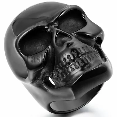 Men's Black Stainless Steel Skull Ring Gothic Biker Rocker Big Large Heavy Band • $11.99