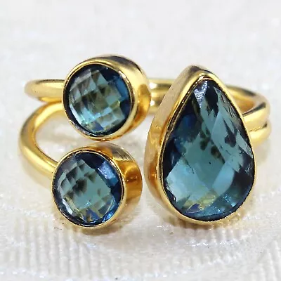 Double Layer Chalcedony Multi-Color Hydro Quartz 24k Gold Plated Adjustable Ring • £5.70