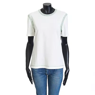 BOTTEGA VENETA 600$ White Cotton Overlock T-shirt - Contrasting Green Stitching • $245