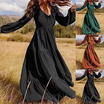 Plus Size Women Long Sleeve V Neck Maxi Dress Ladies Casual Ruffle Swing Dress • $17.85