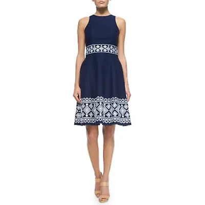 Shoshanna Women Sleeveless Embroidered Fit And Flare Dress 8 Cotton Pockets Blue • $70