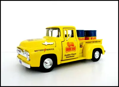 GOLDEN FLEECE 1956 Ford F-100  Custom Graphics Yellow Diecast Pickup +3 Barrels • $89.95