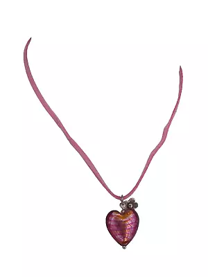 Glass Heart Necklace Pink Leather Murano Pendant Art Jewellery Love Gift • £15.99