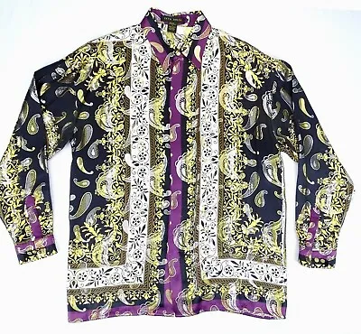 Vintage Mens Ceta Dolce Metallic Silk Shirt Paisley Print Dark Sz M Casual Gold • $149.95