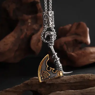 Men's Fashion Jewelry Silver And Gold Viking Nordic Ax Axe Pendant Necklace 554 • $11.66