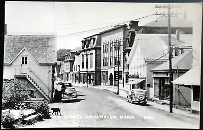 1950 RPPC Main St. Businesses Autos Grocery Store Dog Vinalhaven Maine • $10