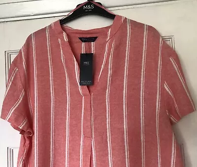 Bnwt M & S Coral Pink Striped Linen Blend Relaxed Fit Midi Sun Dress Size 16 • £9.99