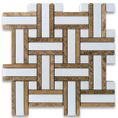 T66A8XP Thassos White Marble Twine Basketweave Mosaic Tile Yellow Woodgrain • $29.99