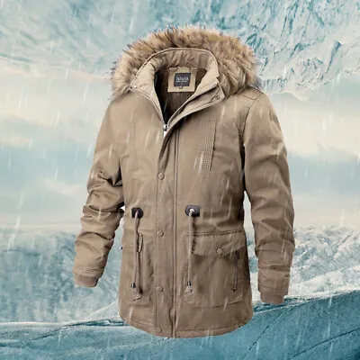 Men Hoodie Faux Fur Fleece Lined Jacket Parka Coat Overcoat Vintage Winter Warm • £73.01