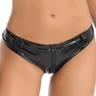 Sexy Hot Low Waist PU Leather Latex Black Shorts Briefs Zipper Biker Party Club • £26.98