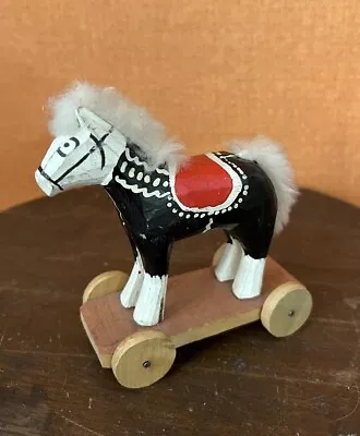 Small Vintage Unmarked Painted Wooden Horse On Wheels Figurine/Toy Cute • $24.99