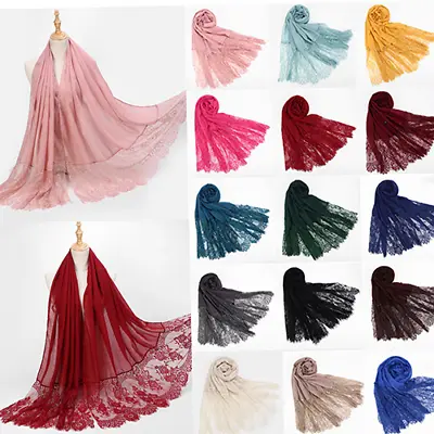 Women Ladies Lace Scarf Hijab Maxi Shawl Head Wrap Flower Cotton Muslim Scarves • £9.36