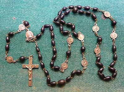 Old BLACK BEADS Guta Percha? ROSARY - VIRGIN MARY / LOURDES & ST ANTHONY MEDALS • £24.61