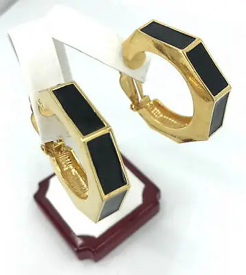 Vintage St. John Knits Jewelry Pair Black Enamel Bamboo Hoop Earrings Clip-on • $49.95